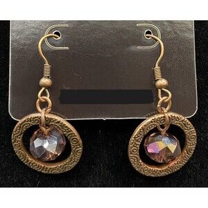 Handmade Aged Copper Tone Circle & AB Pink Crystal Bead Earrings by Neanie-Bot